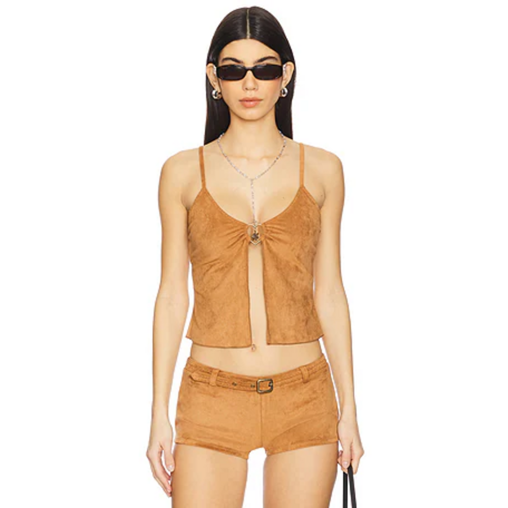 Frankies Bikinis X Bella Hadid Lucy Top in Sun Kissed Suede in Tan